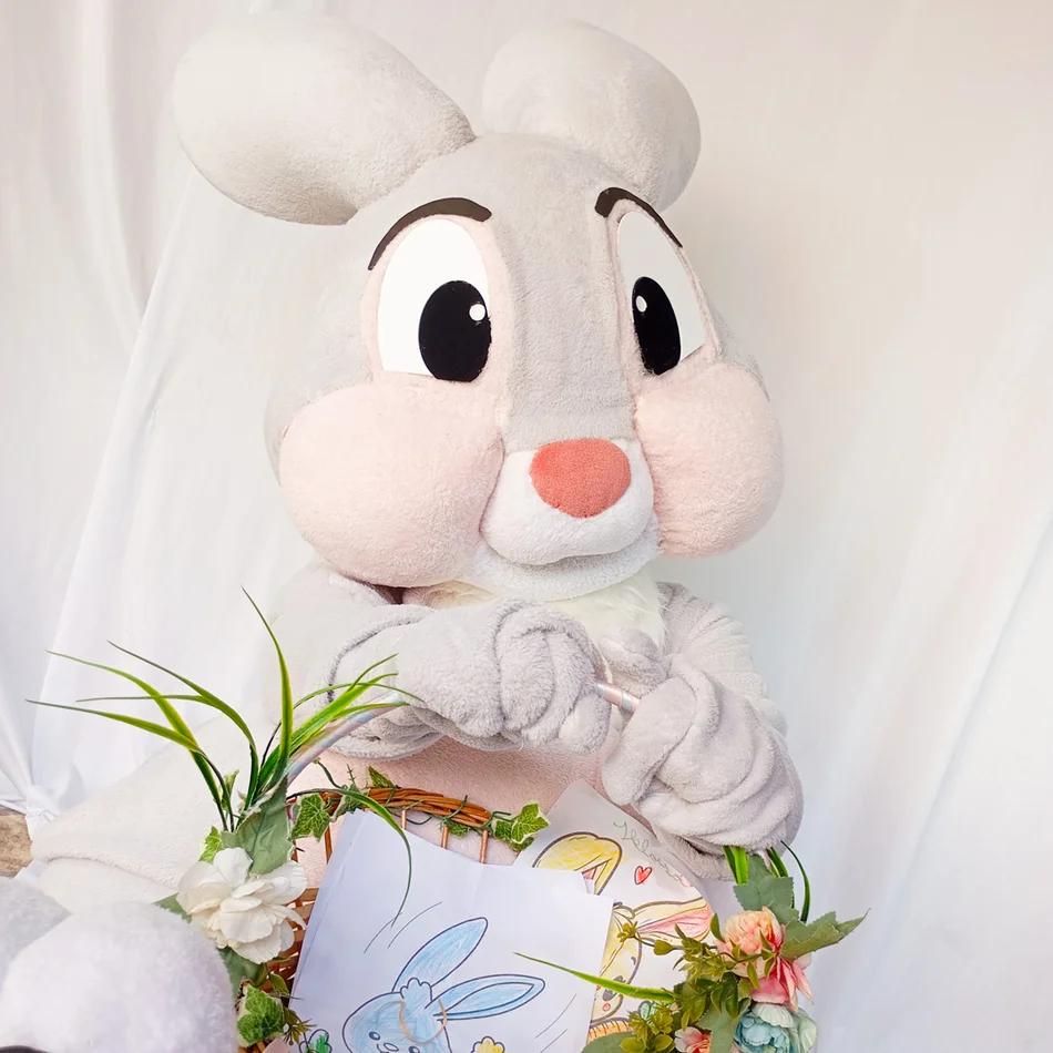 Detalhe da fantasia premium do Coelho Cinza Rosado Personagem Vivo em evento de Páscoa