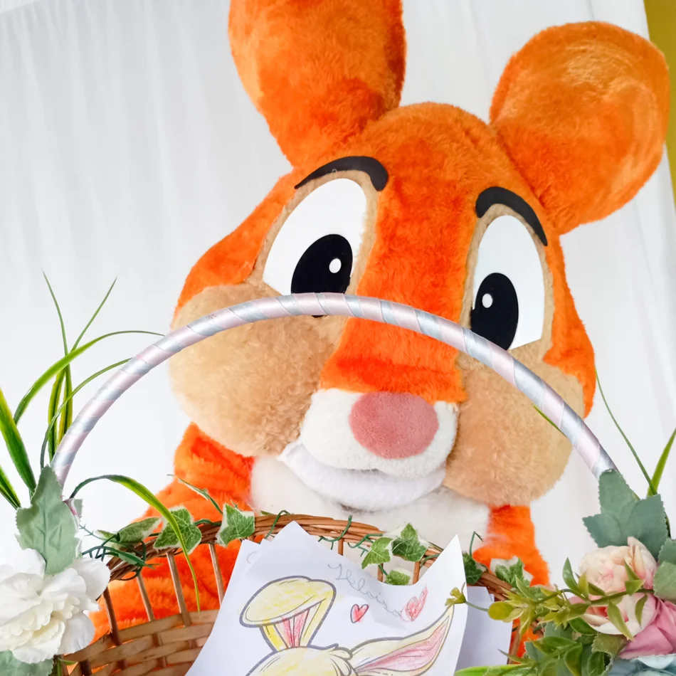 Interação lúdica do Coelho Laranja Personagem Vivo durante o parabéns em festas infantis