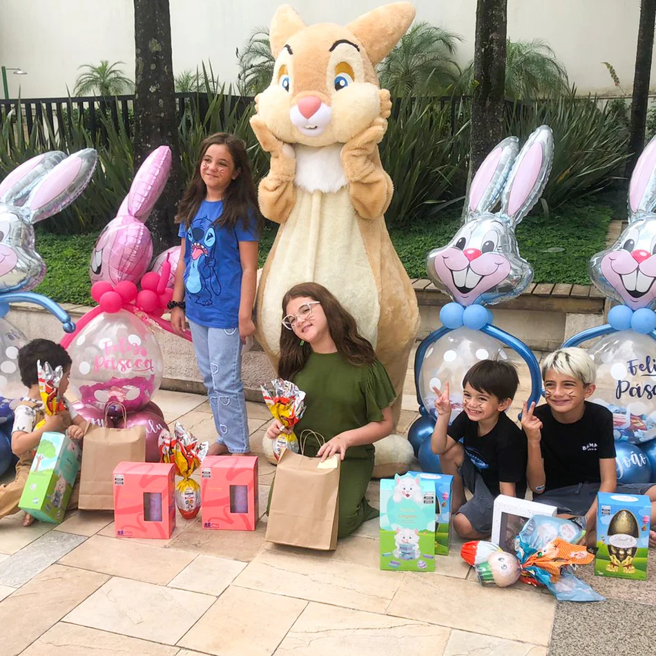 Personagem Coelho Cinza de pelúcia premium posando para fotos em evento infantil