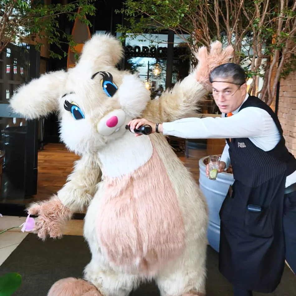 Personagem vivo Coelho da Páscoa animando festas infantis e eventos premium